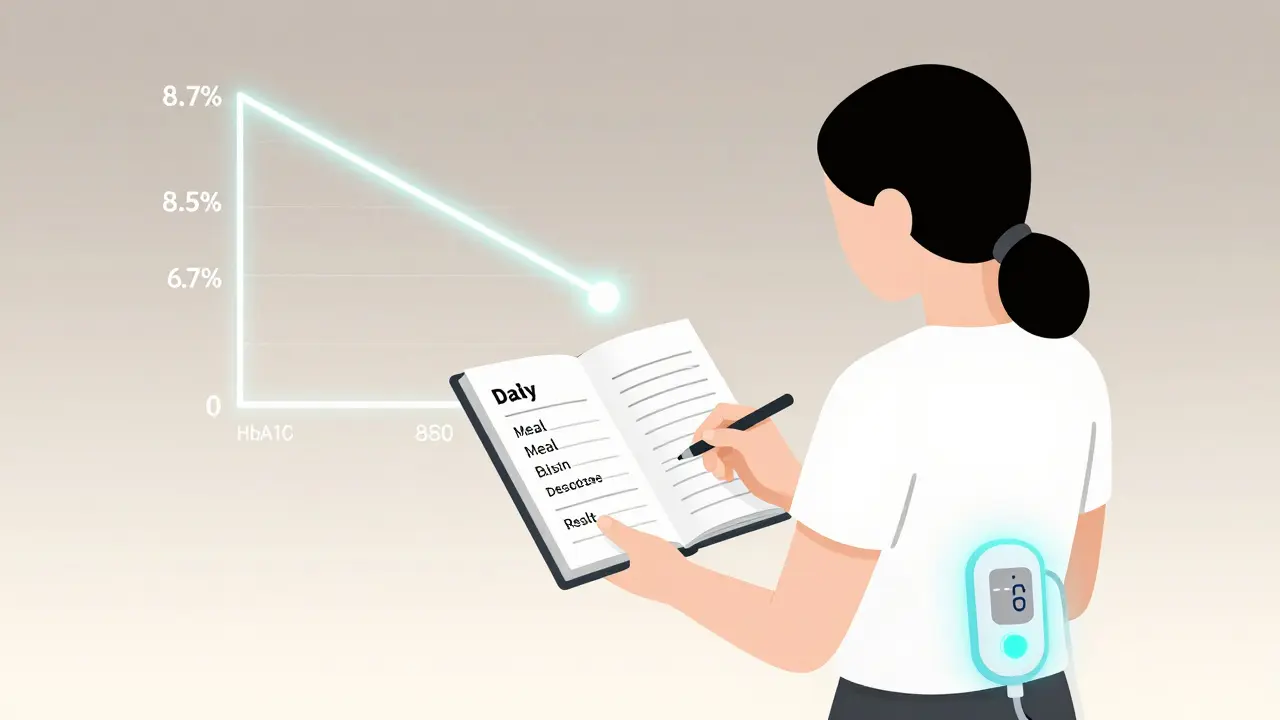 Person logging diabetes data with declining HbA1c graph and closed-loop pump in background.