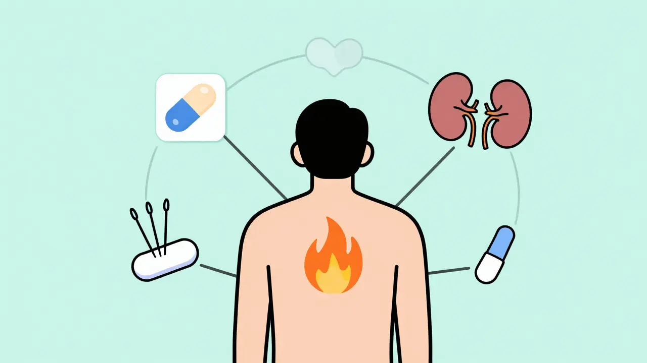 Person with pain surrounded by safe non-opioid treatments and a naldemedine pill near a kidney.