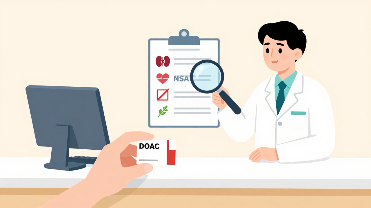 Pharmacist checking a DOAC prescription against interaction icons at a clinic counter.