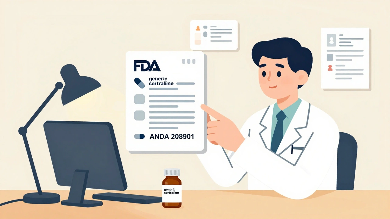Pharmacist holding a generic pill bottle with an ANDA application number and FDA documents floating nearby.