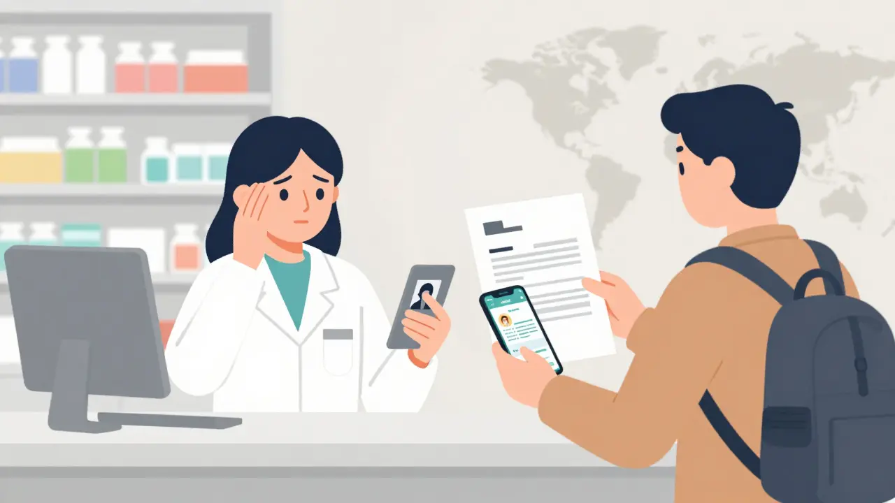 Pharmacist rejects unsecured photo prescription while traveler presents secure app and doctor's letter