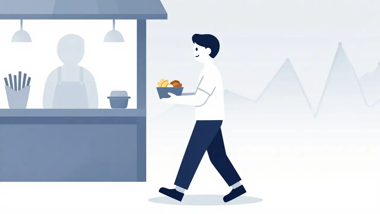 Someone leaving a restaurant with half their meal boxed up, leaving behind unhealthy options, feeling in control.