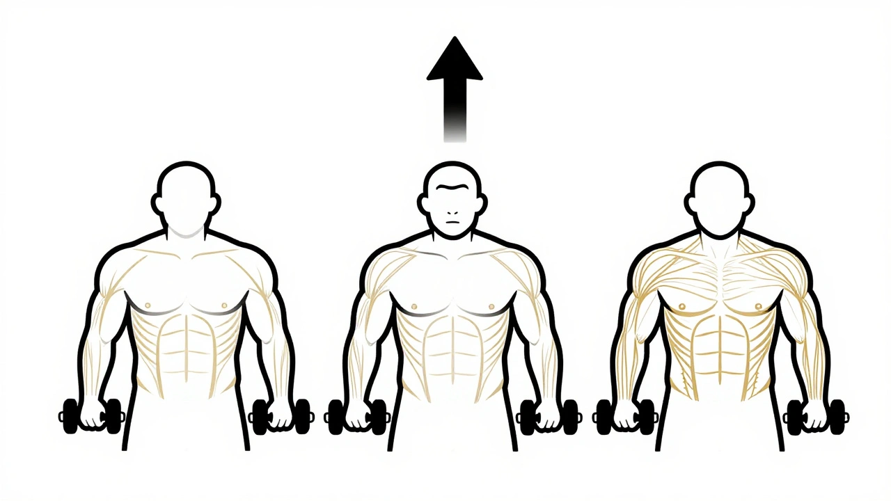 Three figures aging with growing muscle fibers, symbolizing strength regained.