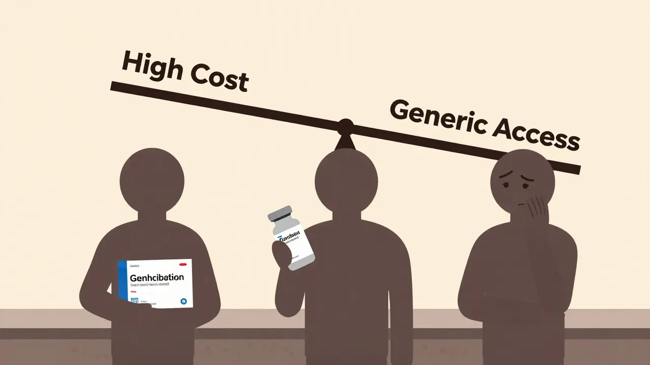 Three patients at pharmacy counter with varying combination products, one confused and empty-handed.