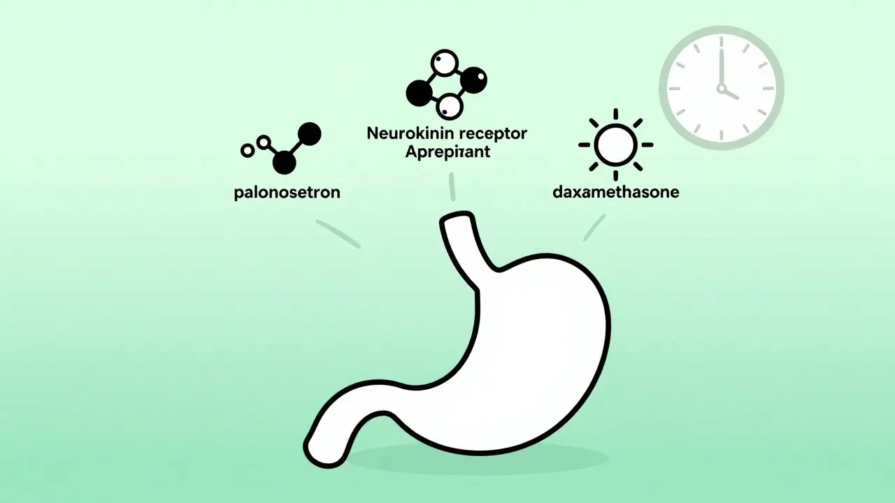 Three stylized antiemetic drugs floating above a patient, symbolizing nausea prevention.