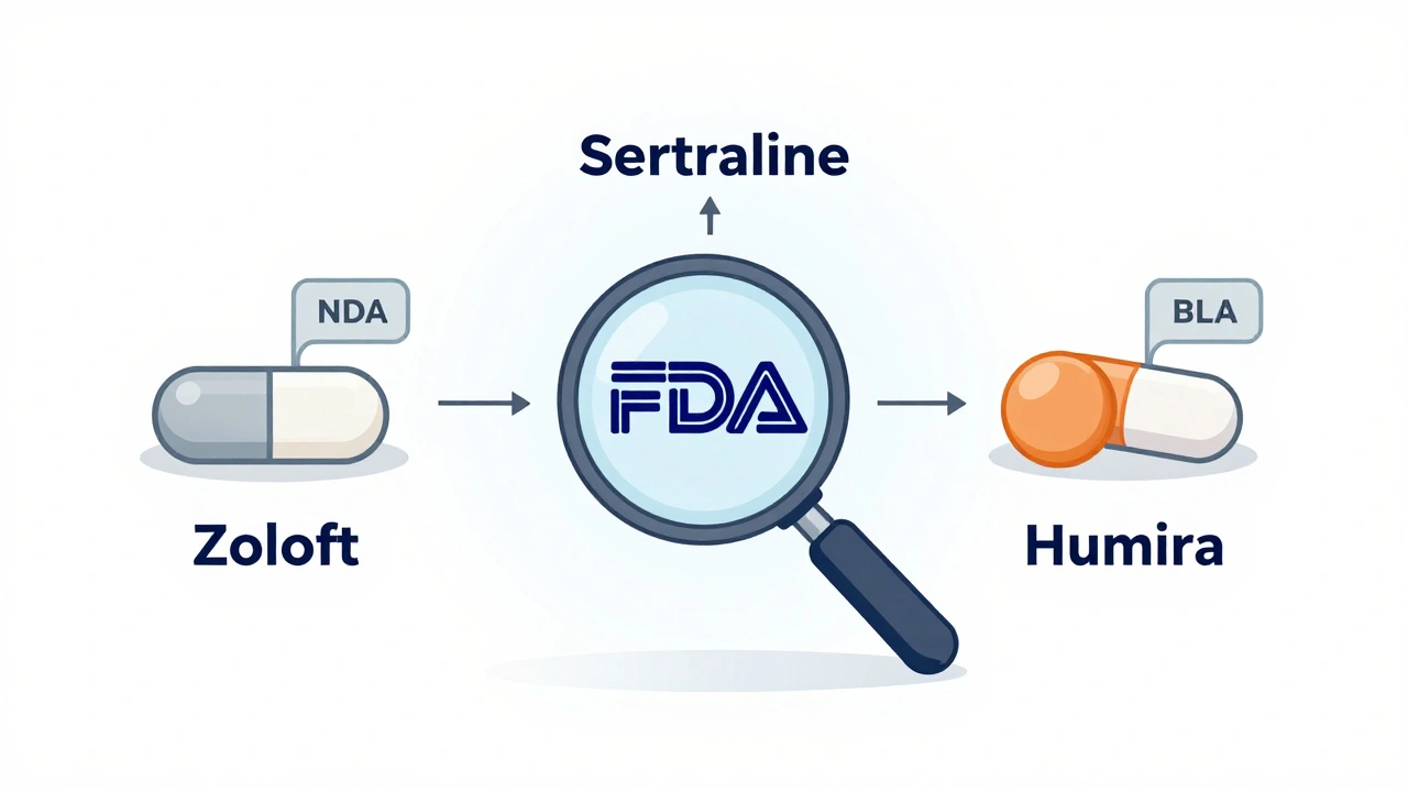 Three types of approved drugs—brand, generic, and biologic—each linked to their FDA application type via clean lines.