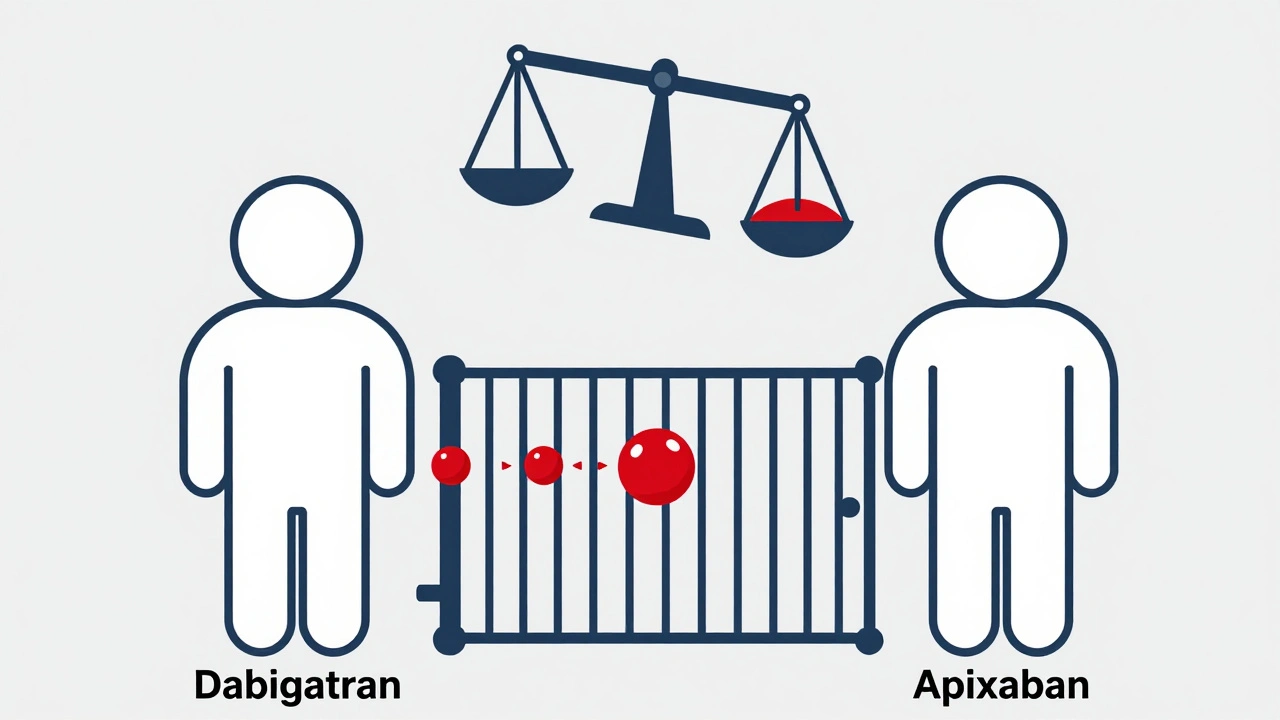 Two abstract figures representing different DOACs with a transporter gate blocking one drug molecule.