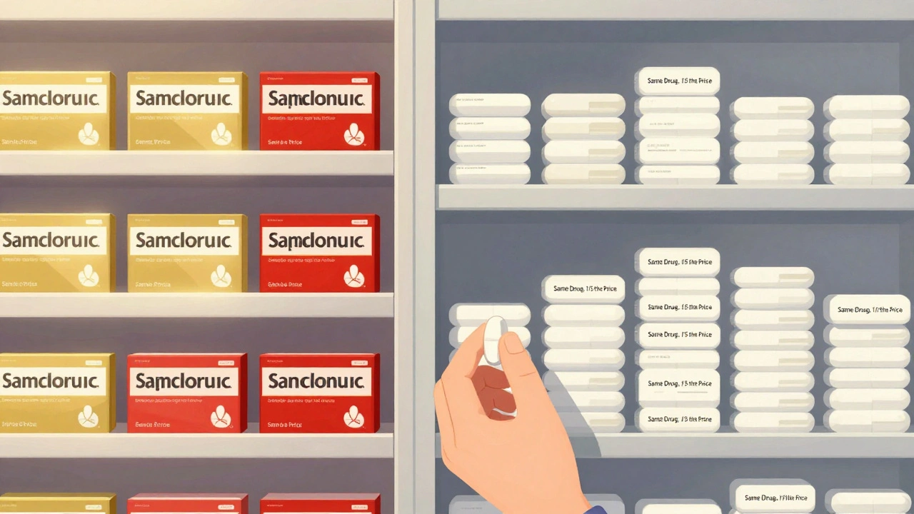 Two pharmacy shelves: expensive brand drugs vs. affordable generic pills.