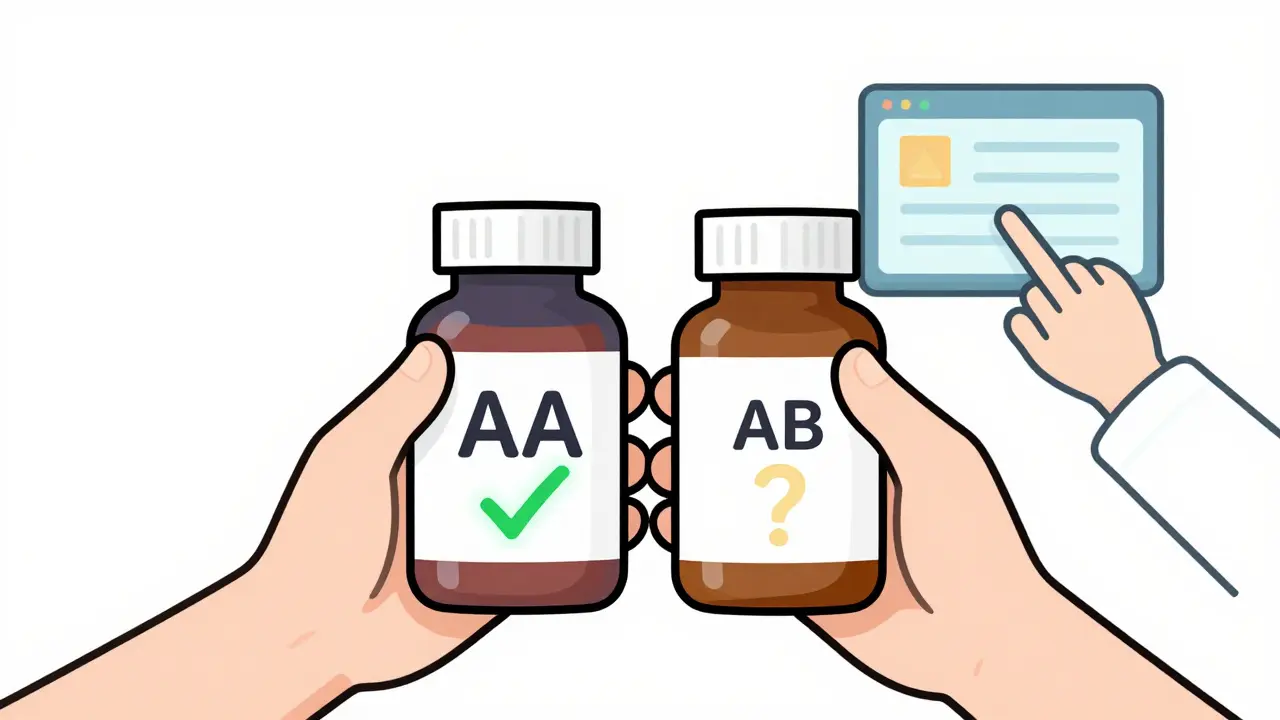 Two pill bottles with different TE codes side by side, one marked AA, the other AB.