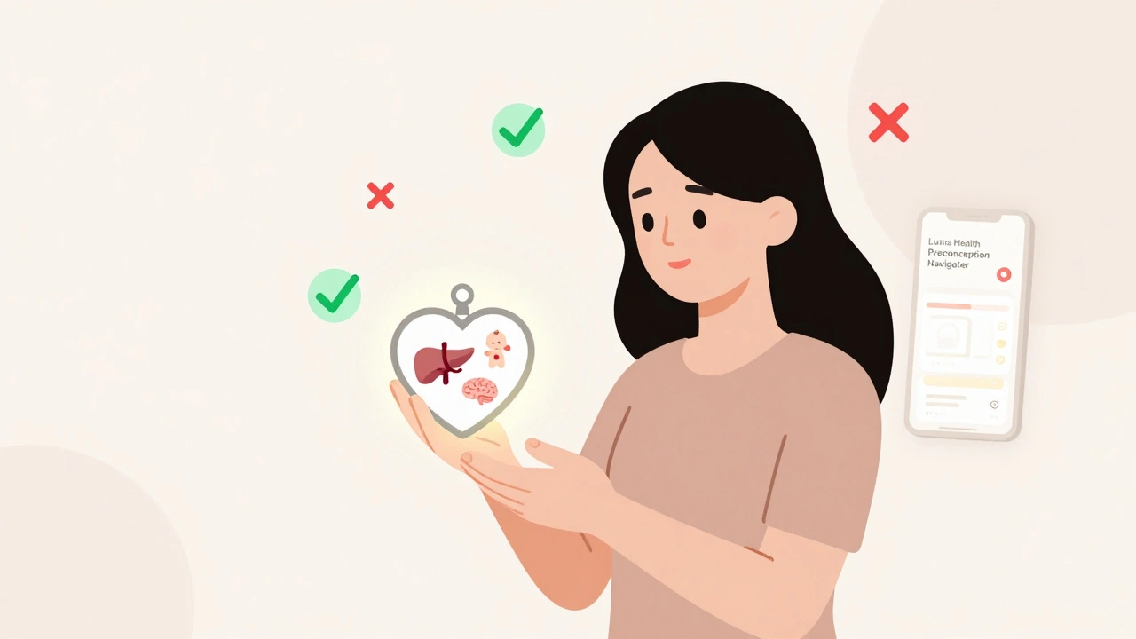 Woman holding heart locket with medical icons, safe meds shown as green checks