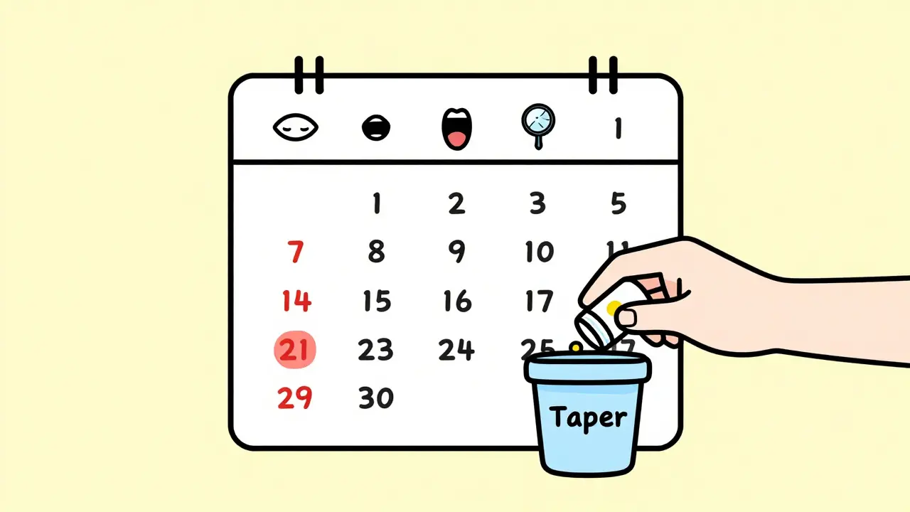 A calendar showing early days of steroid use with symbols of sleep loss, agitation, and tapering off.