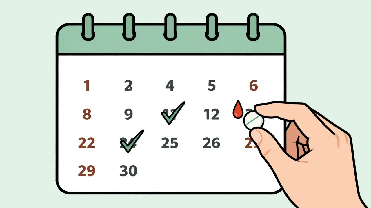 A calendar showing INR check days during and after antibiotic use, with a blood drop symbol near day 10.