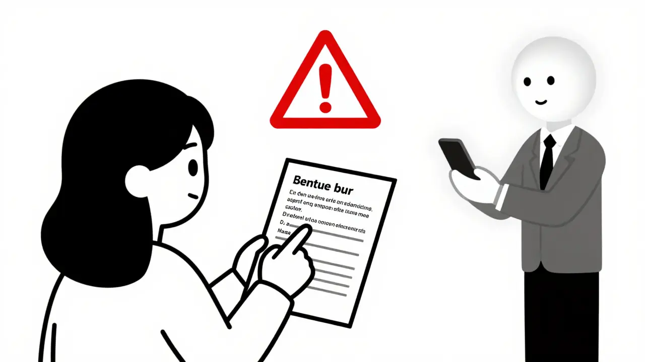 A child tries to translate medicine instructions for a parent, with a professional interpreter visible as a calming presence nearby.