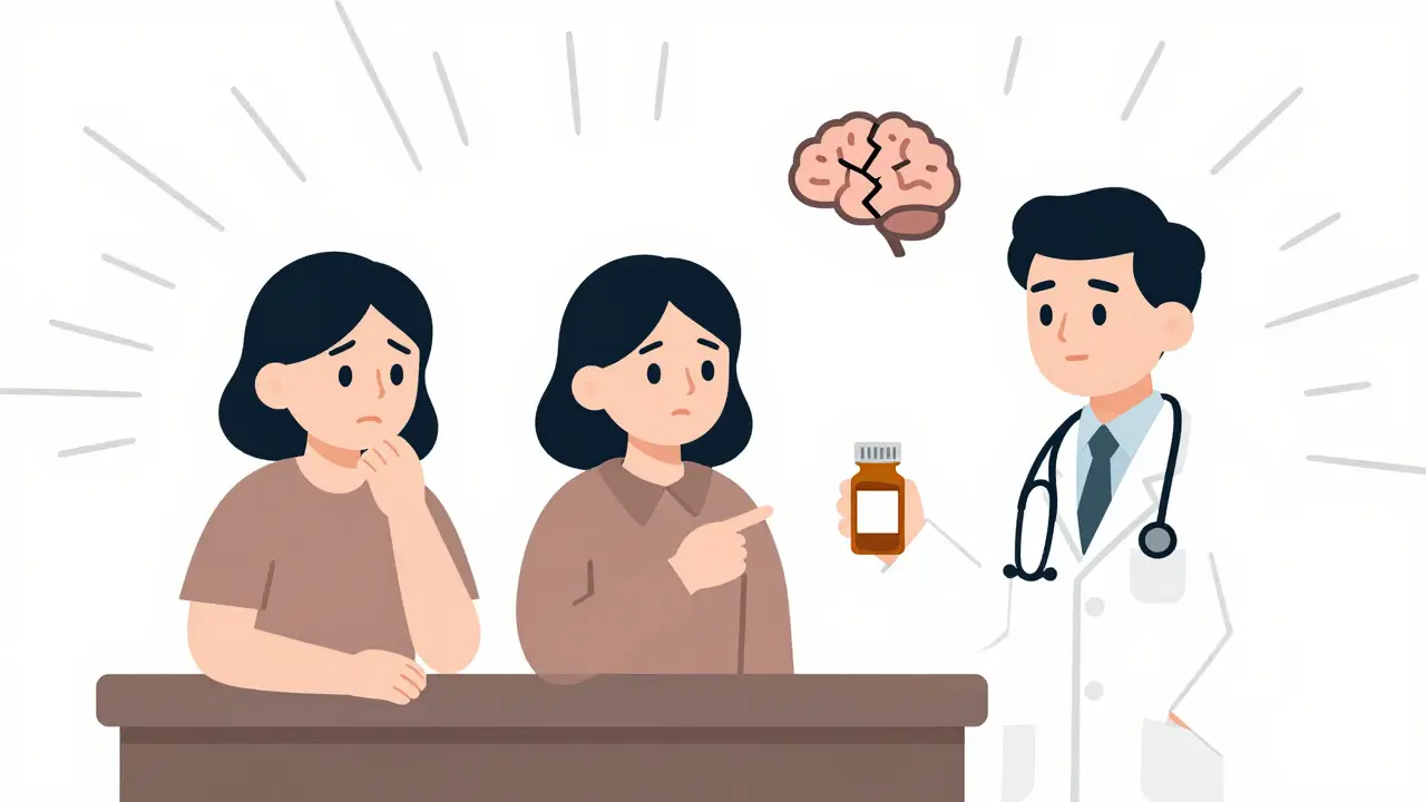 A doctor and family member reacting to a patient's mental changes while holding a steroid prescription.