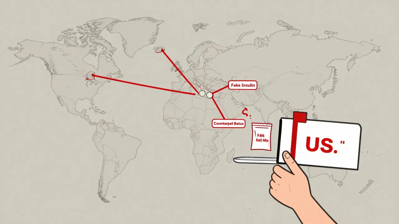 A global map showing fake drug parcels traveling from Asia to a U.S. mailbox, highlighted in red.