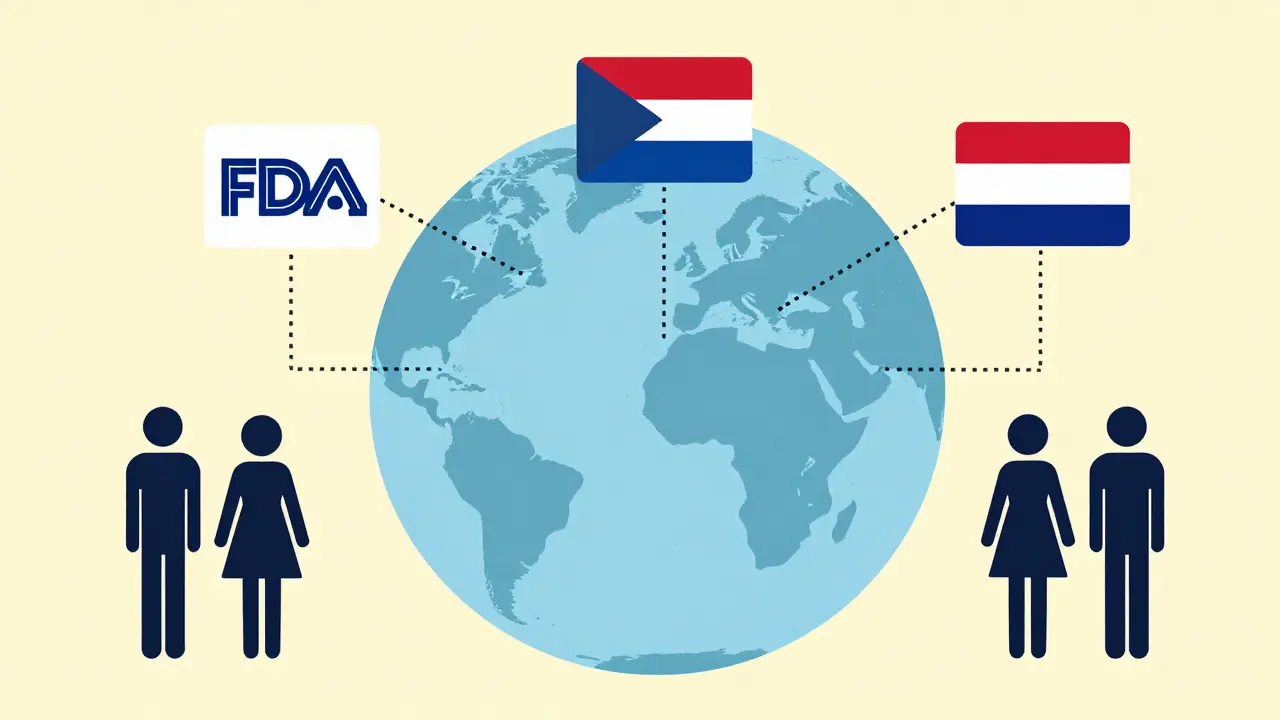 A globe with regulatory symbols showing global differences in age and sex requirements for drug studies.