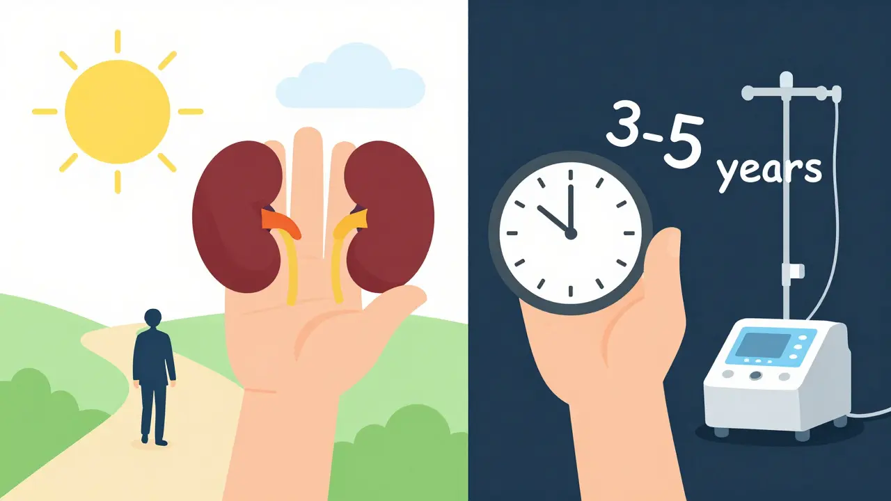 A living donor kidney beside a clock, contrasting with a dialysis machine, showing the benefit of early transplantation.