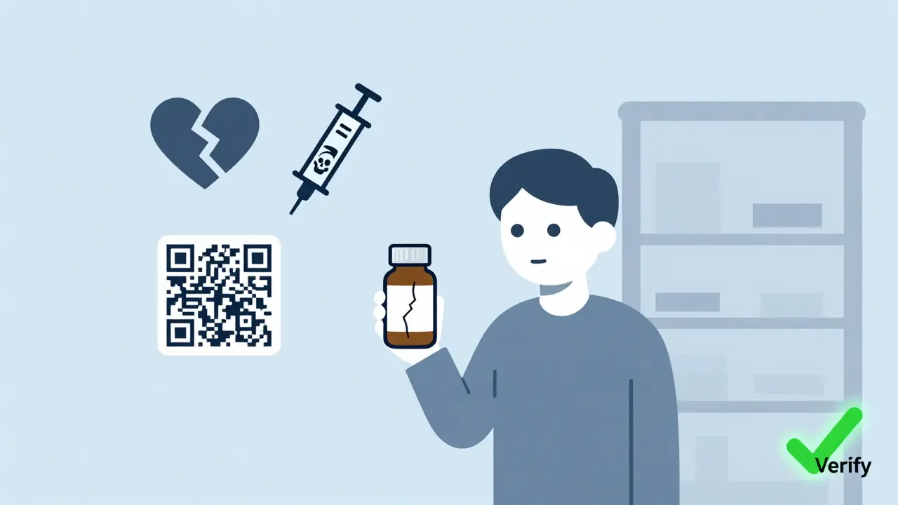 A patient holding a fake pill bottle with warning icons floating around, and a verification checkmark in the corner.