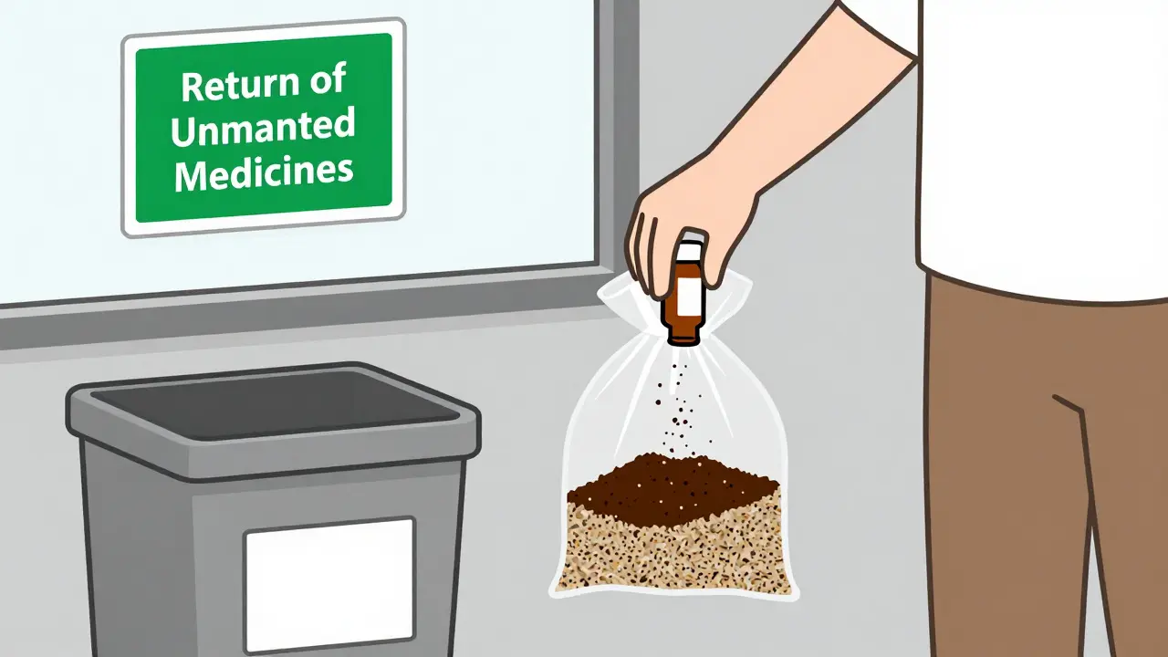 A person disposing of expired medicine in a sealed bag with coffee grounds, near a pharmacy drop-off box.
