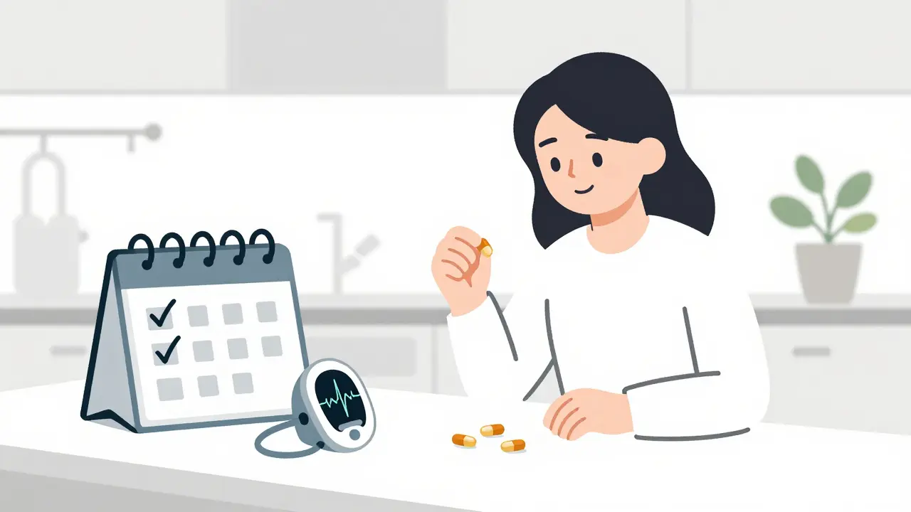 A person taking daily medication with a calendar and health monitor, symbolizing lifelong post-transplant care.