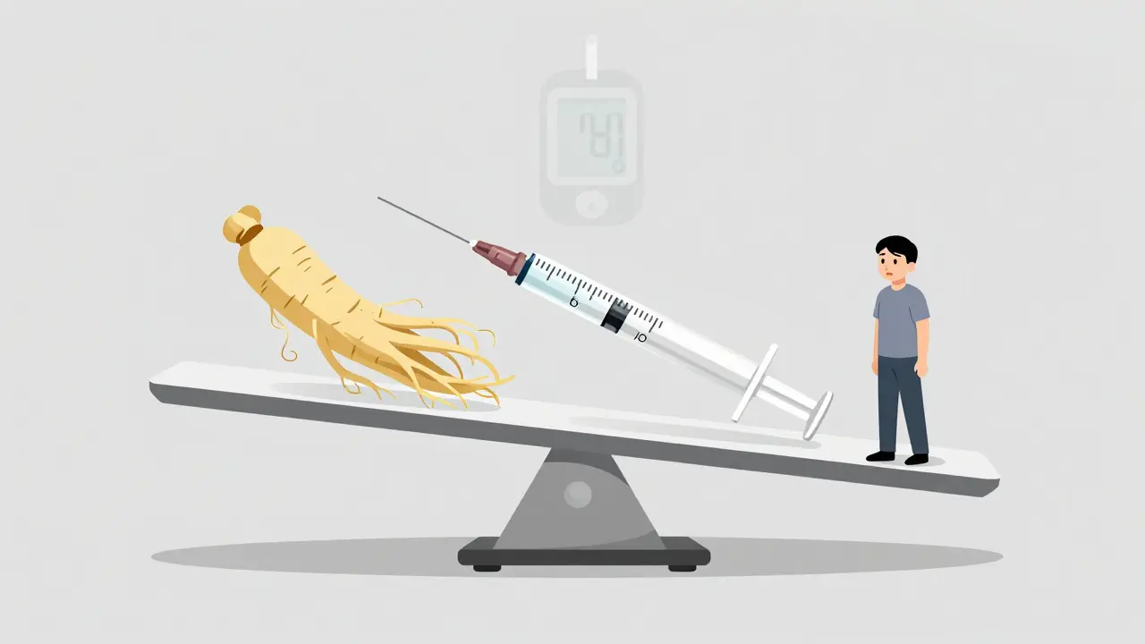 A scale tipping under the weight of ginseng versus insulin, with a worried person standing nearby.