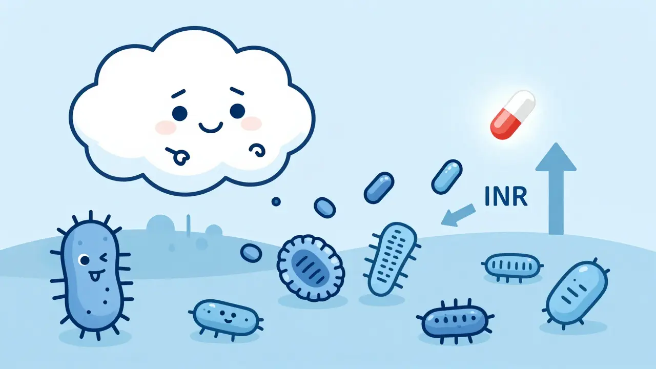 A simplified gut with bacteria being eliminated by an antibiotic, causing vitamin K to vanish and warfarin to intensify.