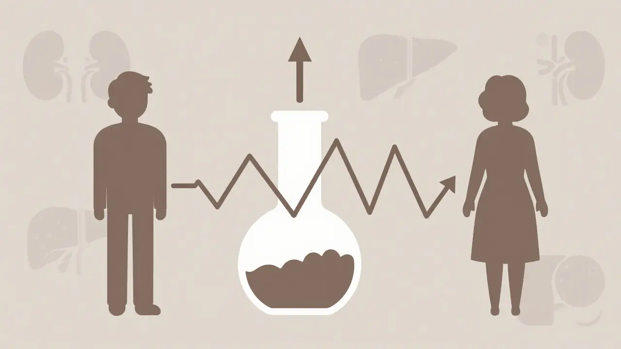A split beaker with pharmacokinetic curves illustrating how men and women metabolize drugs differently.