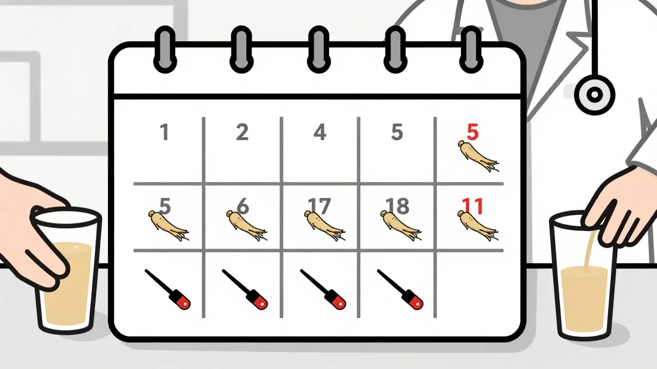 A weekly calendar showing declining blood sugar levels with a ginseng capsule and a hand reaching for juice.