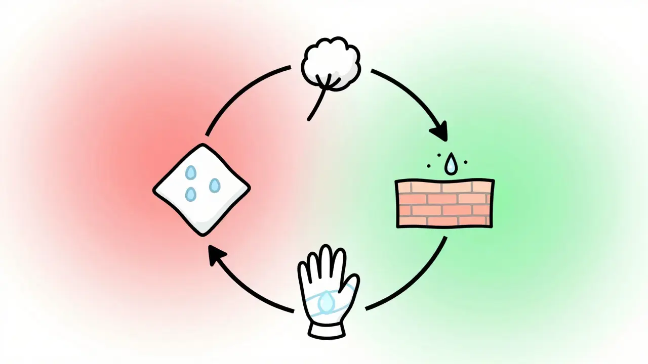 Broken itch-scratch cycle healed by cool compress, gloves, and wet wrap icons.