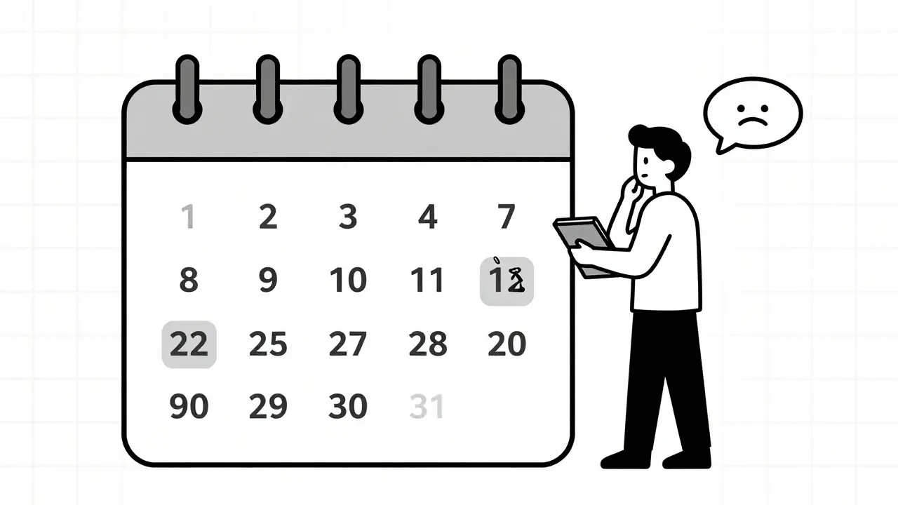 Calendar with key days marked by health icons, showing a person tracking medication effects over time.