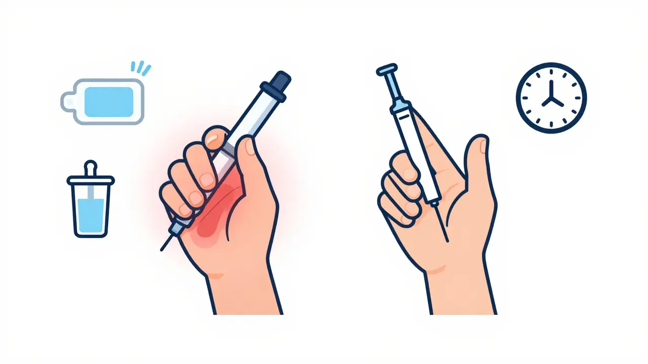 Contrasting injection sites: infected vs. properly treated, with safety icons