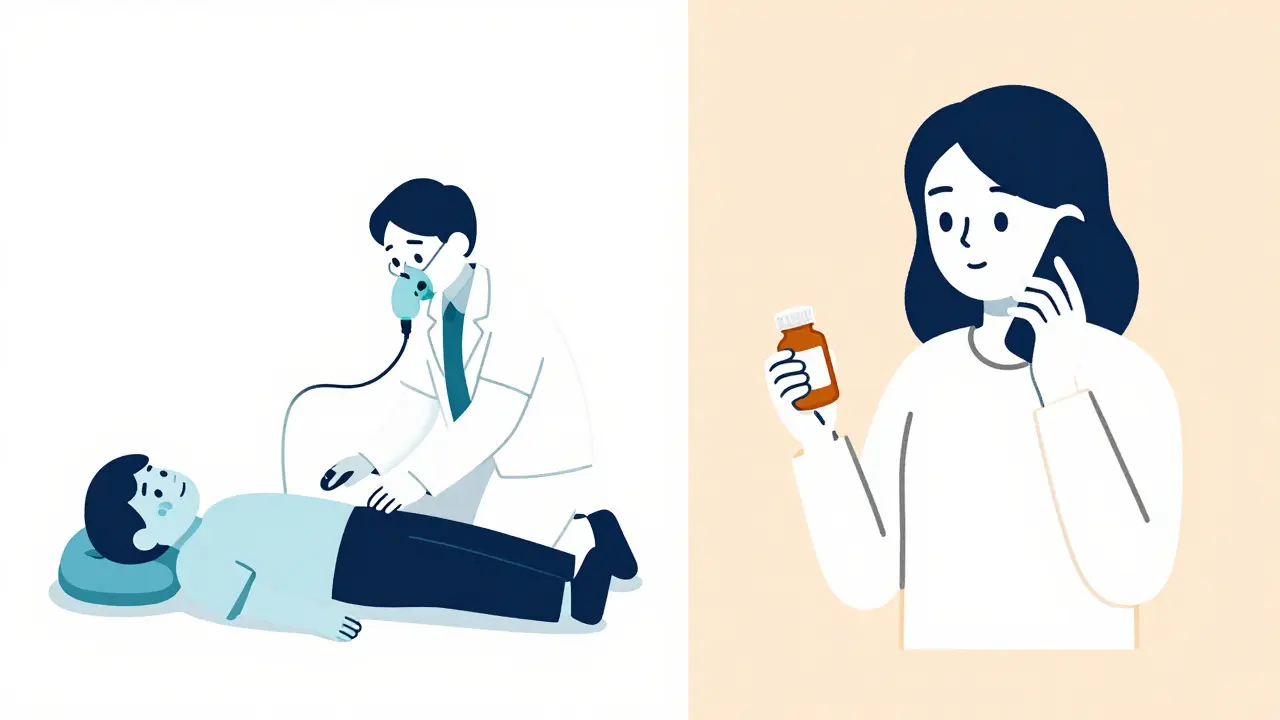 Contrasting scenes: emergency response vs. calling poison control for overdose.