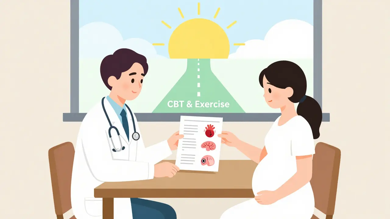 Doctor and patient reviewing medical chart with icons of birth defects and healthier alternatives