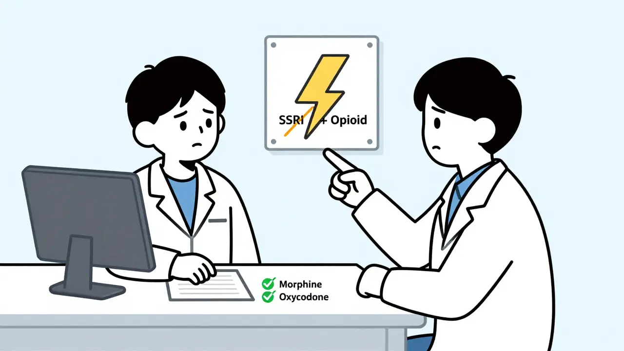 Doctor and patient reviewing prescription options, with safe and unsafe painkillers clearly marked.