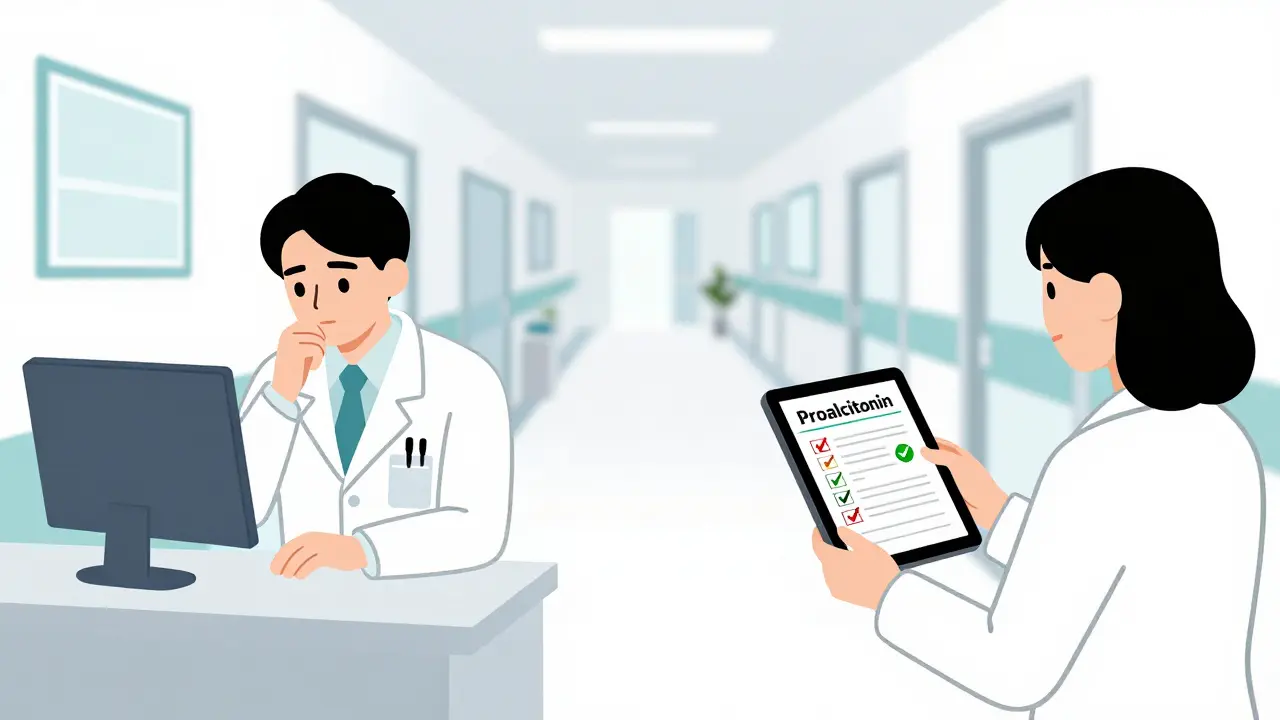Doctor receiving alert while pharmacist reviews test results with patient