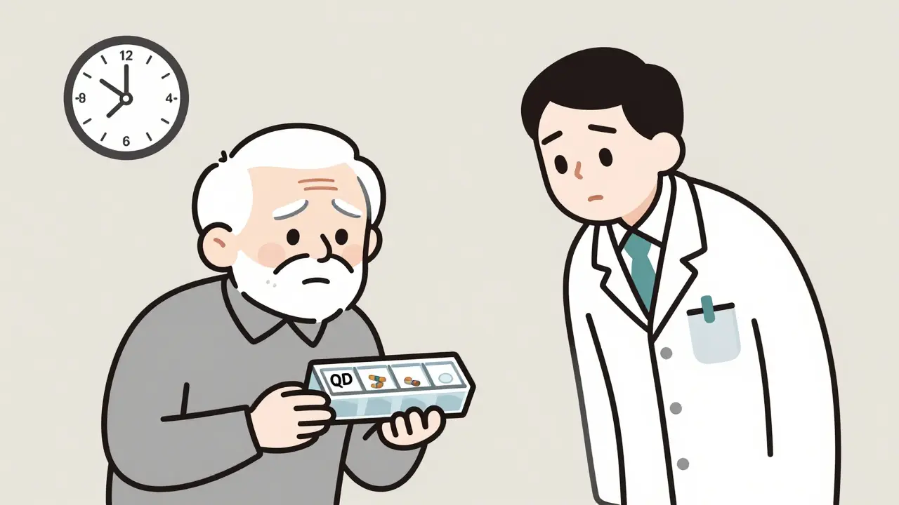 Elderly person with pill organizer, four slots labeled QD but only one filled correctly.