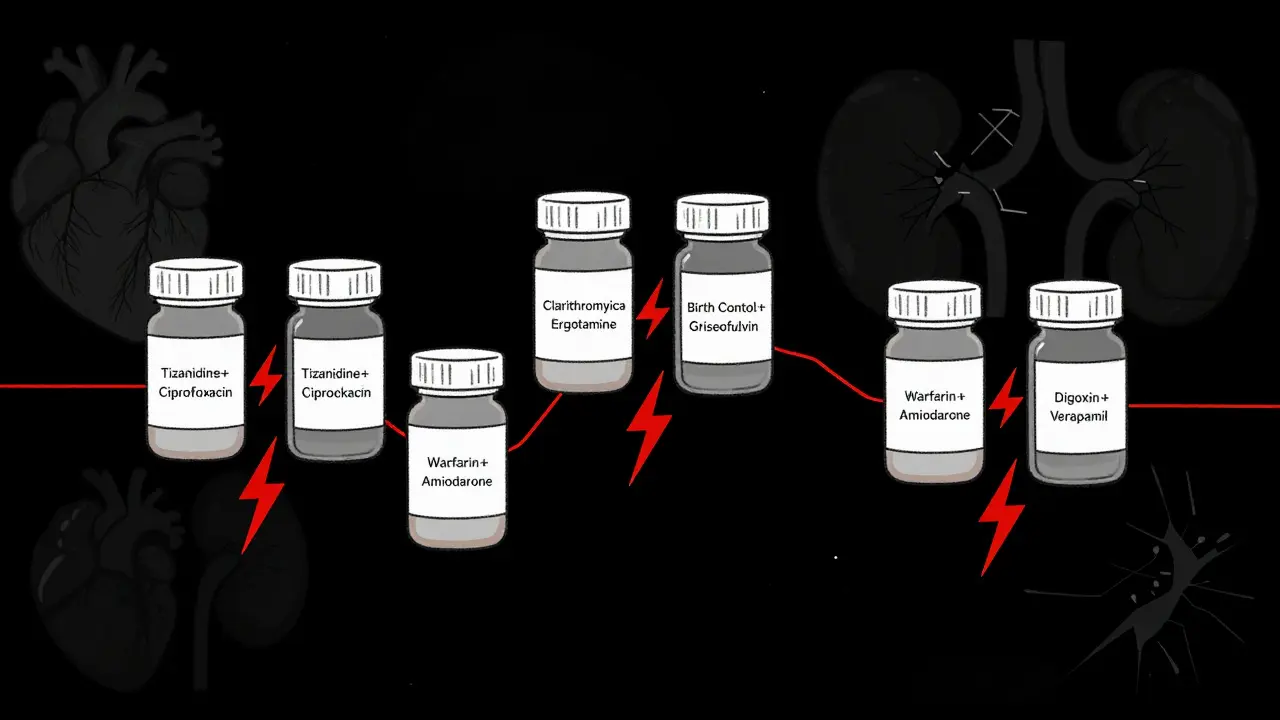 Five dangerous drug pairs connected by red lightning bolts over organ silhouettes.