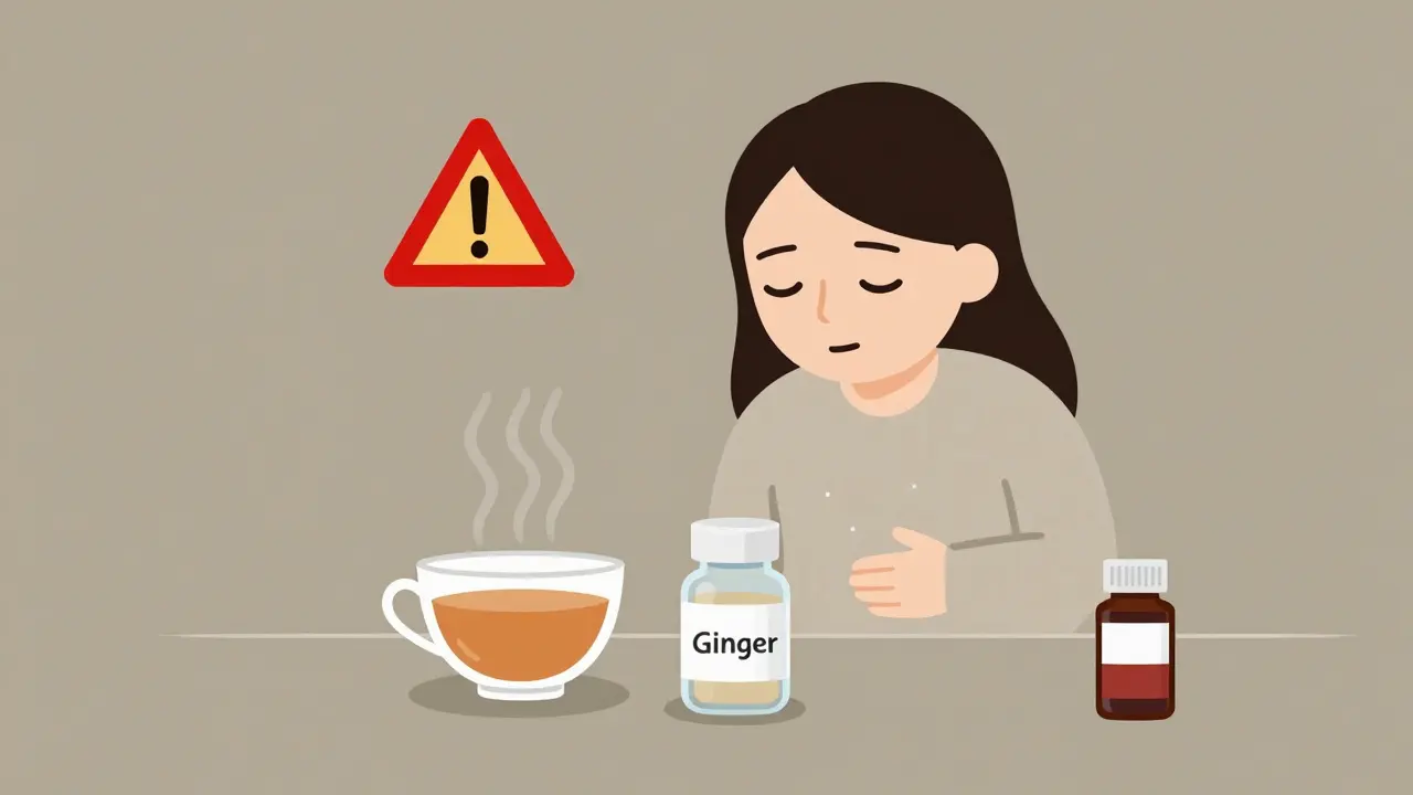 Ginger capsule and tea beside blood thinner bottle with caution symbol