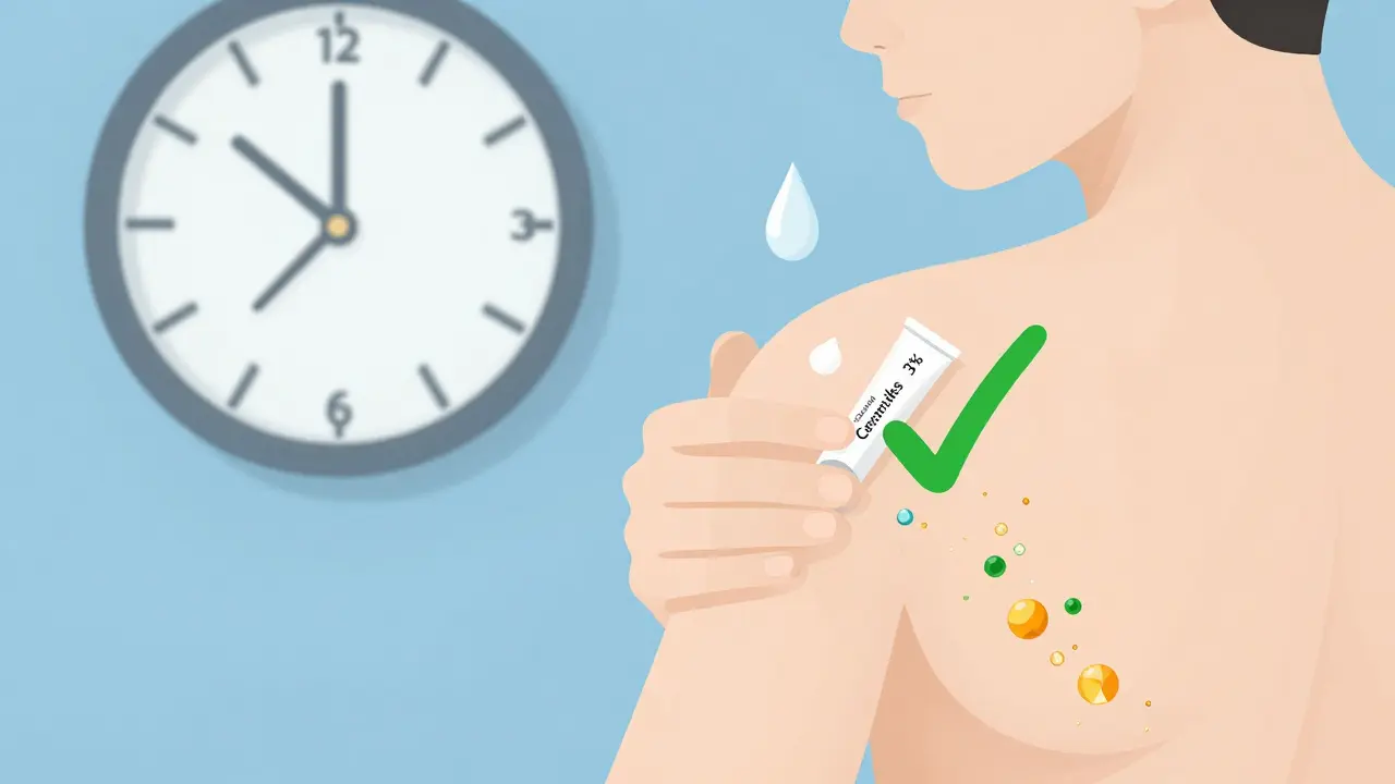 Hand applying ceramide cream within 3 minutes after bathing, with water droplet and clock.