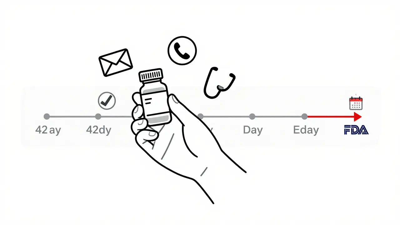 Hand holding pill bottle with lot number, surrounded by alert icons and a timeline showing recall delay.