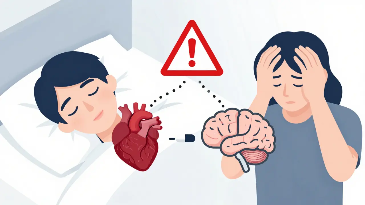 Icons of vital organs connected to a pill with a warning triangle, contrasting calm and distressed states after a generic switch.