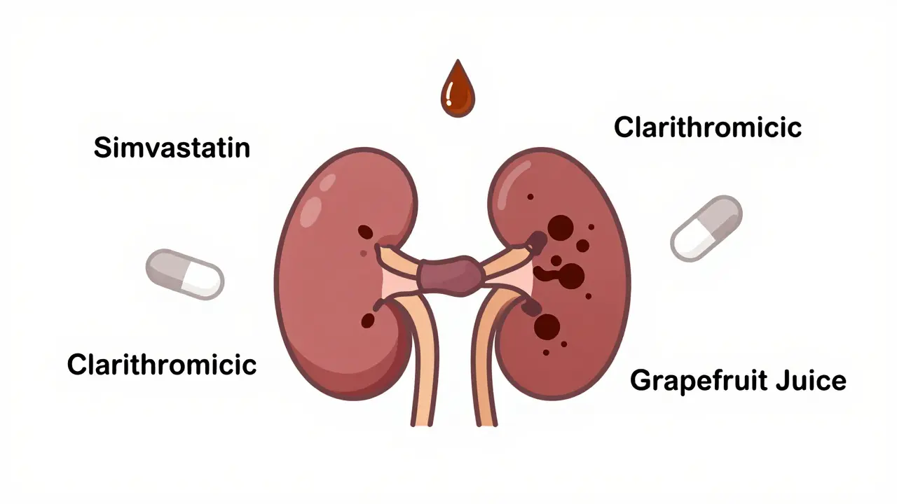 Kidney clogged with dark myoglobin blobs from drug interactions.