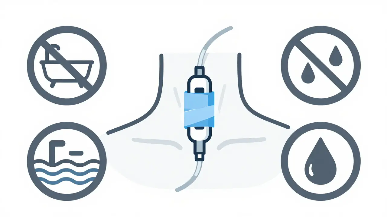 Minimalist illustration of a neck catheter wrapped in plastic, surrounded by symbols of restricted activities.
