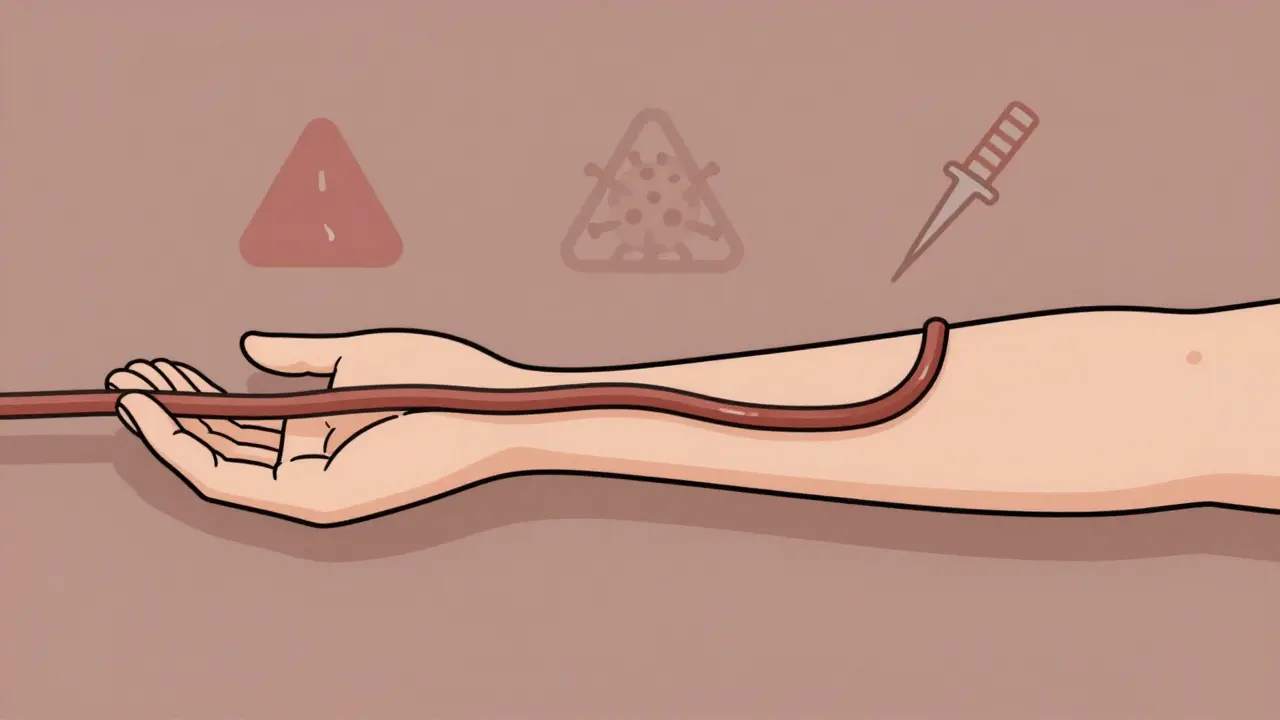 Minimalist illustration of an AV graft with warning icons for clotting and infection near the synthetic tube.