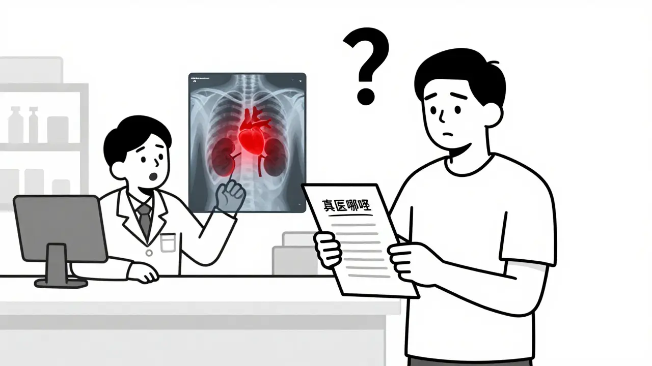 Patient with medication list surprises pharmacist as internal body warnings glow red.