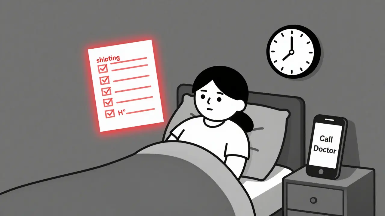 Person checking symptoms of serotonin syndrome at night, phone ready to call for help.