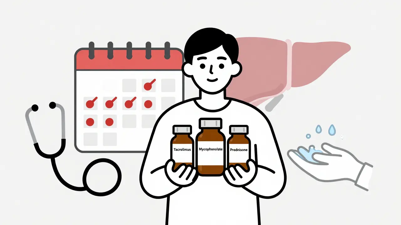 Person holding immunosuppressant pills with medical care symbols