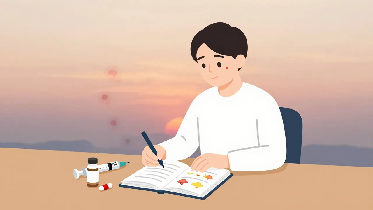 Person with journal and medication beside them as fading hives disappear into a calm sunset.