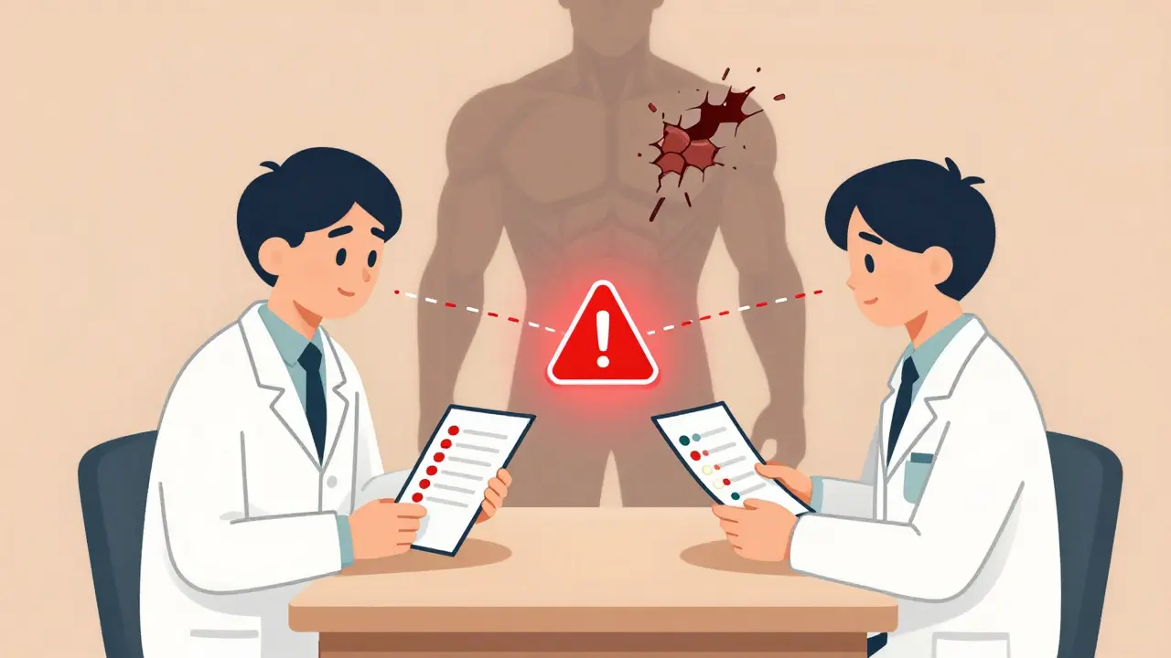 Pharmacist and patient reviewing meds with a warning icon between them.
