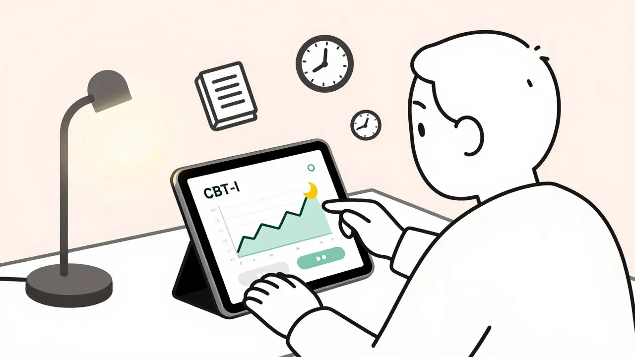 Senior using digital CBT-I app on tablet for better sleep